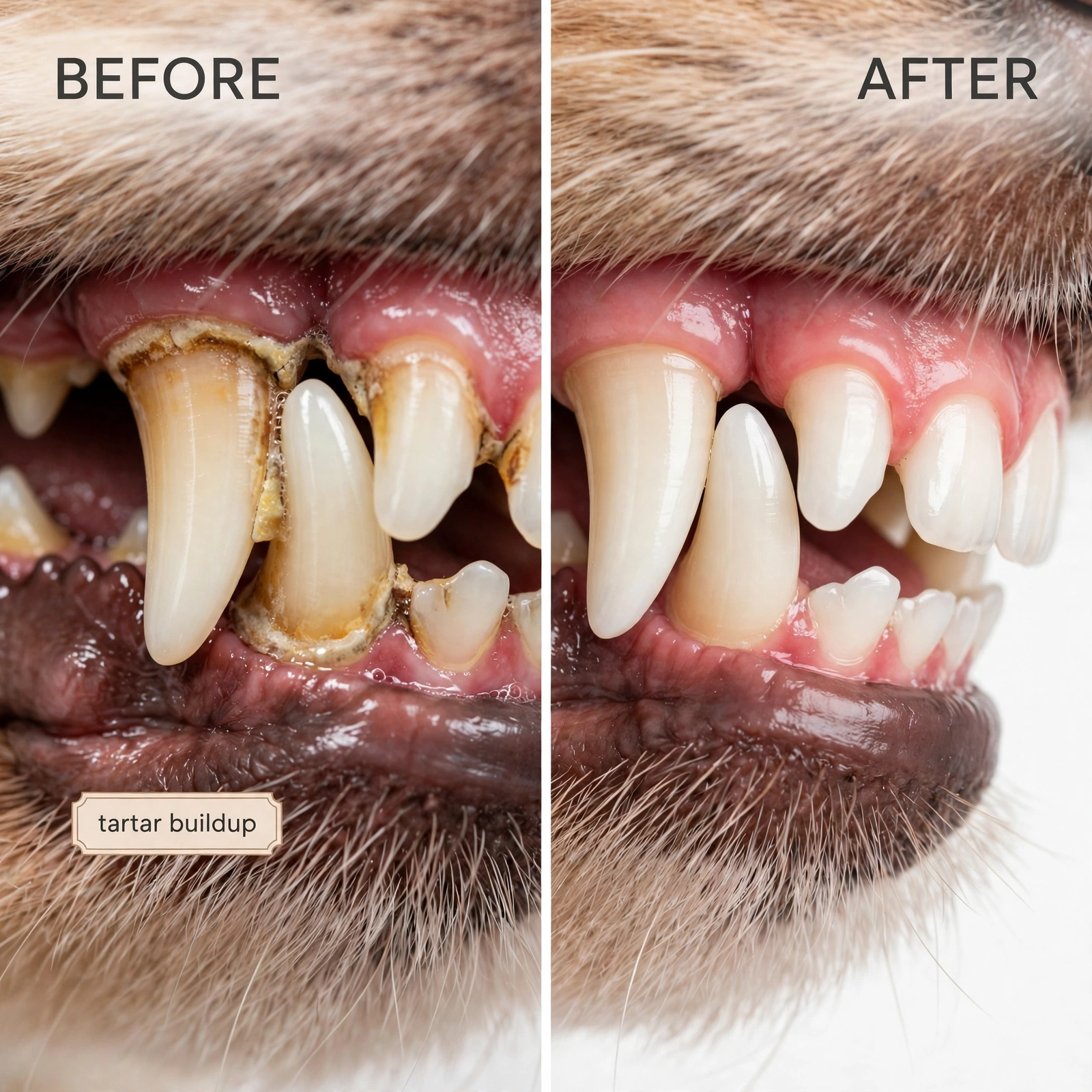 Before and after using PawSpring dental spray